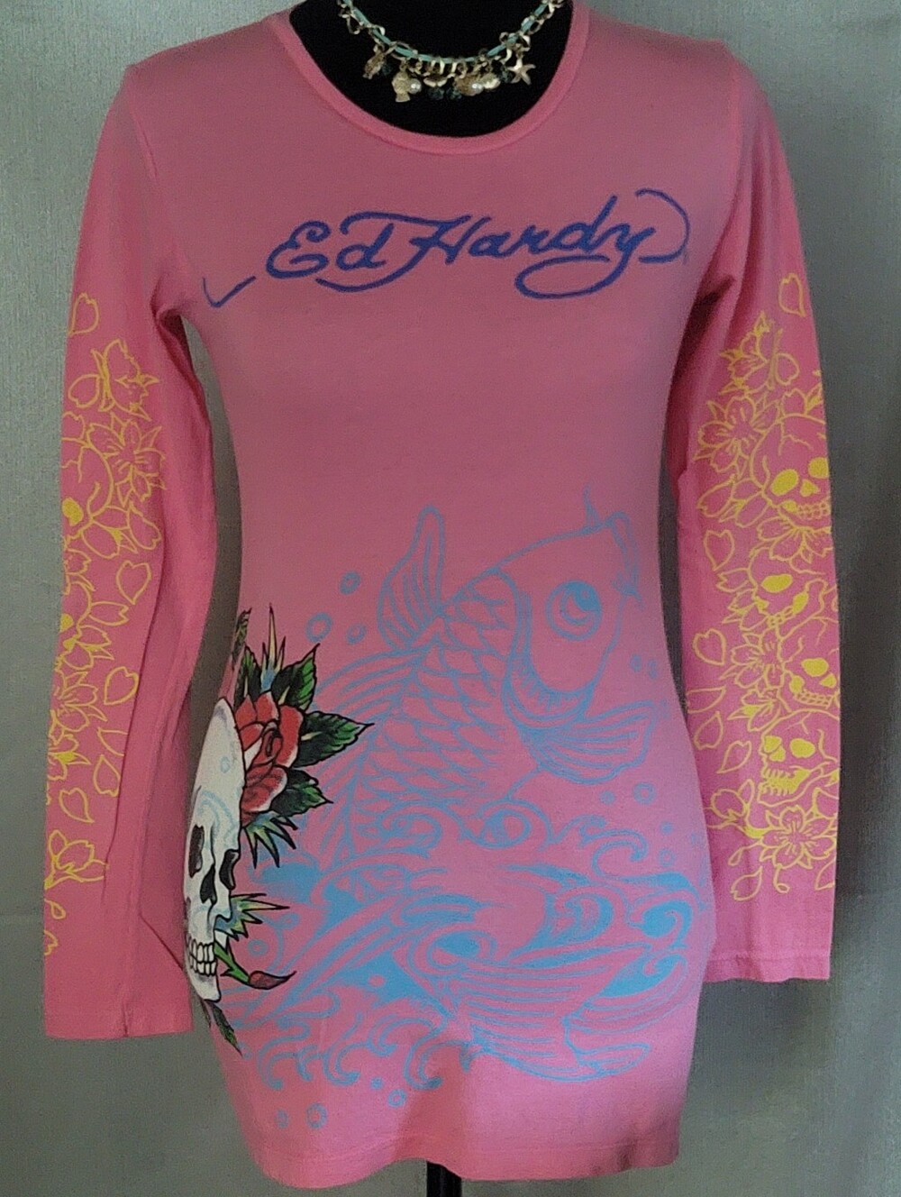 Ed Hardy Pink Long-Sleeve Graphic Tunic with Blue & Yellow Accents